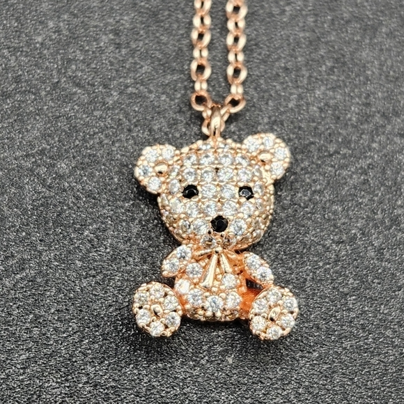 Jewelry - 🩷 3/$15 Rose Gold Teddy Bear Pendant Necklace With Black Accents And A Bow NWOT